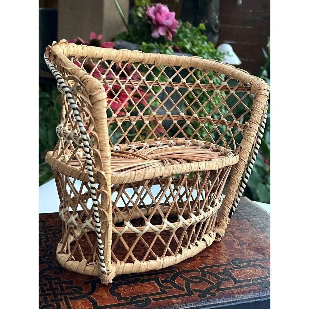 1970’s Vintage Mini Wicker Rattan Doll Chair + Bunny Cottagecore Boho Decor